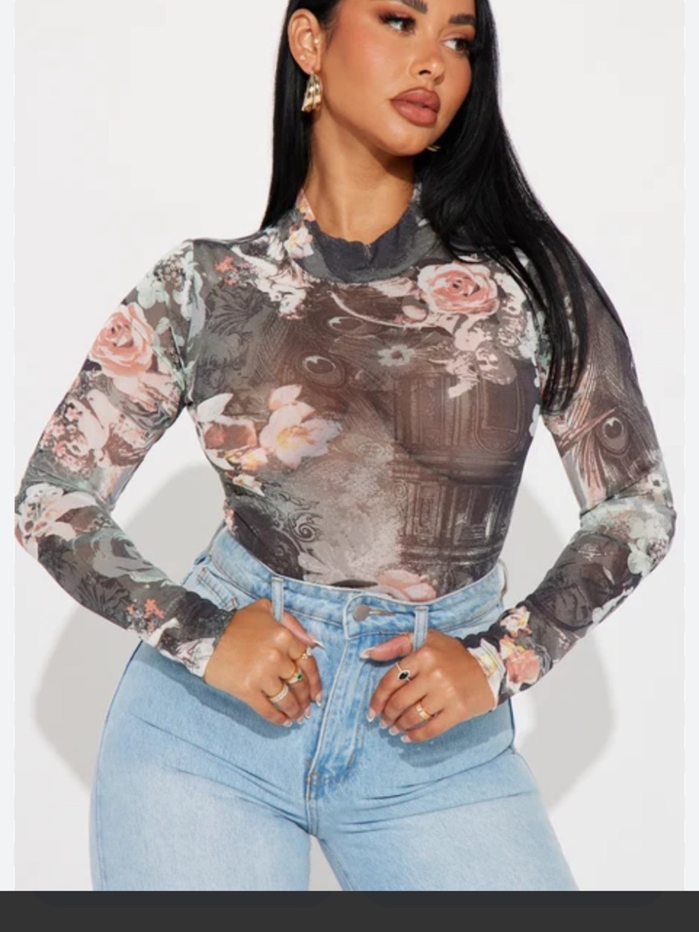 Floral Mesh Long-Sleeve Top - Black & Pink